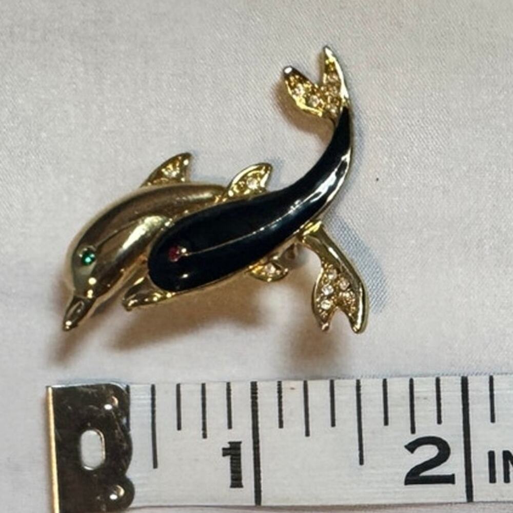Vintage gold‎ & black Dolphin brooch